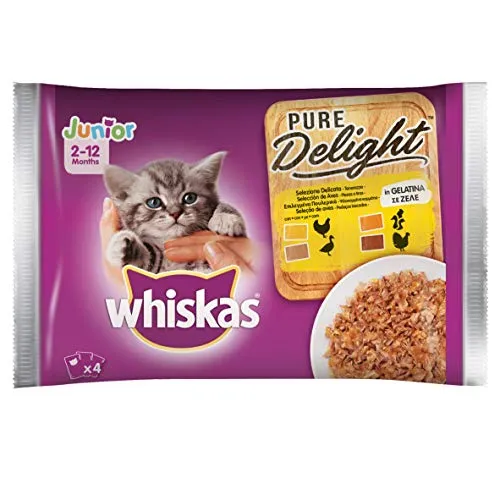 Whiskas Pure Delight in Gelatina Delicato Junior, Multi Gusto, 4 x 85 g, Cibo per Gatto 2-12 Mesi, 13 Confezioni (52 Bustine in Totale)