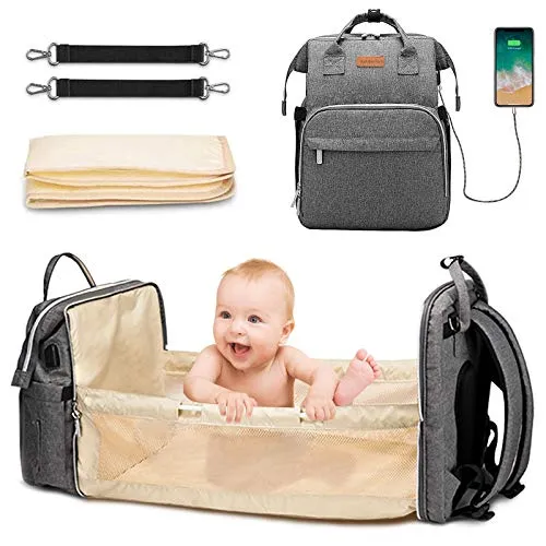 Zaino Mamma Multifunzione Con Letto, HyAdierTech Borsa per Pannolini, Borsa Portatile per Pannolini, Zaino per Lettino Pieghevole da Viaggio con Fasciatoio Portatile e Ganci di Passeggino