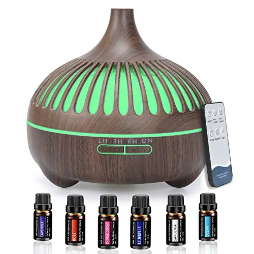 Diffusore di Oli Essenziali,Diffusore di Oli Essenziali Ultrasuoni con 6x10ml Oli Essenziali, Diffusore di Aroma Diffusori con 7 Colori LED, 4 ImpostazioneTimer, Senza BPA (Marrone, Grana del legno)