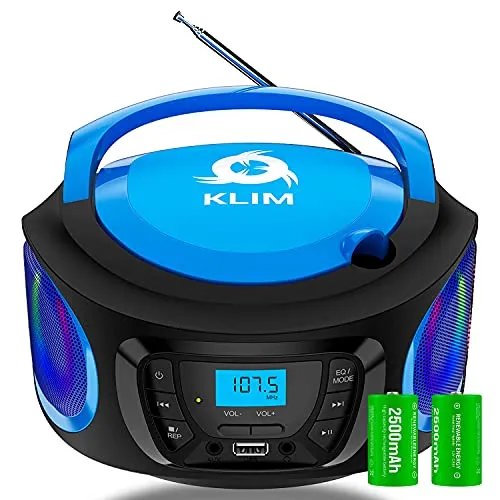 KLIM Boombox – Radio Stereo Portatile FM, lettore cd, Bluetooth, MP3, USB, AUX + Batterie ricaricabili incluse + Connessione AUX e Wireless + Compatto e robusto + NOVITÀ 2024 + Blue