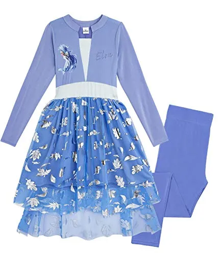 Disney Frozen 2 Vestito Bambina con Elsa Anna, Vestiti Bimba Principessa, Costume con Abito Leggings E Volant Lungo, Abbigliamento Bambine per Festa Compleanno, Carnevale (Blu Elsa, 7-8 Anni)