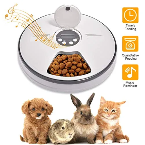 Lacyie Distributore Automatico Cibo Gatti e Cani, Alimentatore Automatico di Animali Domestici con Timer Digitale Controlla 6 Pasti Distributore di Cibo per Gatti, Cani e Piccoli Animali