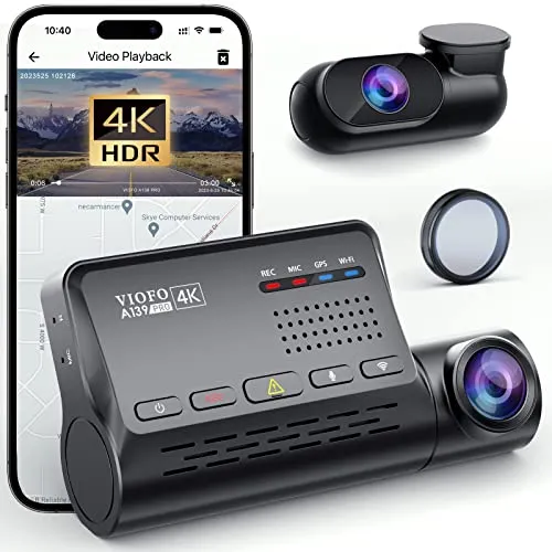VIOFO A139 Pro 2CH 4K HDR + 1080P Dash Cam Anteriore Posteriore, Sensore STARVIS 2 3840 x 2160P 30fps, Dual Dash Cam WiFi 5GHz, GPS integrato, Videocamera per auto con CPL, Uscita vocale