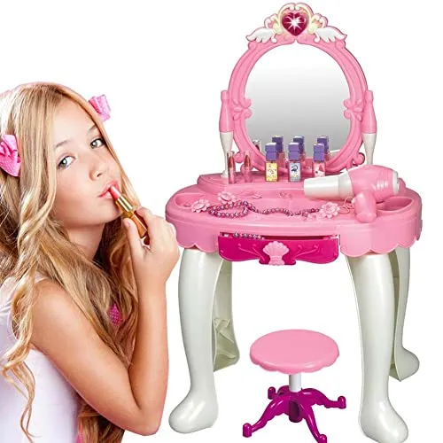 BAKAJI Specchiera Make-Up Giocattolo per Bambini Toeletta Ballerina con Sgabello Luci Suoni Asciugacapelli Funzionante a Batteria e Accessori Gioco Dimensione 45 x 32 x 72 cm