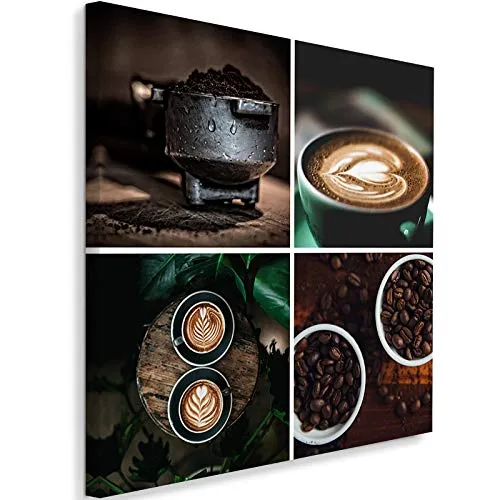 Quadro Stampa Moderno Collage Foto su Tela Caffe Cuori Tasse Cucina Verde 80x80 cm
