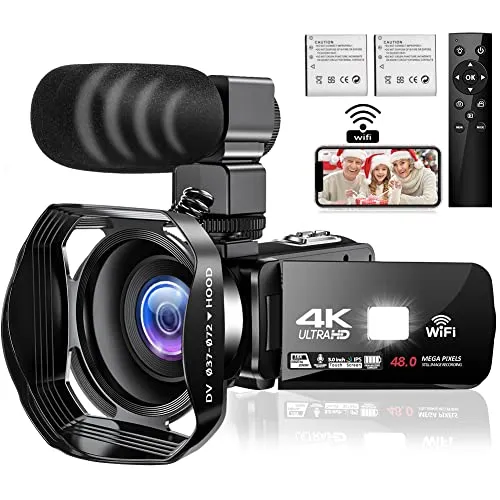 Videocamera 4K Videocamere 48MP 60FPS WIFI Videocamera Zoom digitale 18X con versione IR notturna Videocamera 3.0"Touch screen IPS con microfono, paraluce, telecomando wireless a 360°
