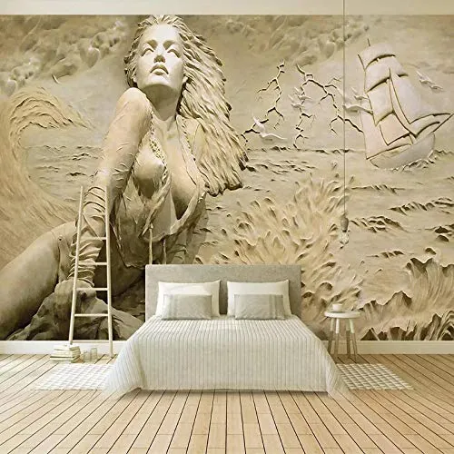 Fotomurali da parete Arte murale pittura murale 3D dorato sollievo stereoscopico onda del mare barca a vela bellezza foto murales carta da parati,500X320CM(WxH)