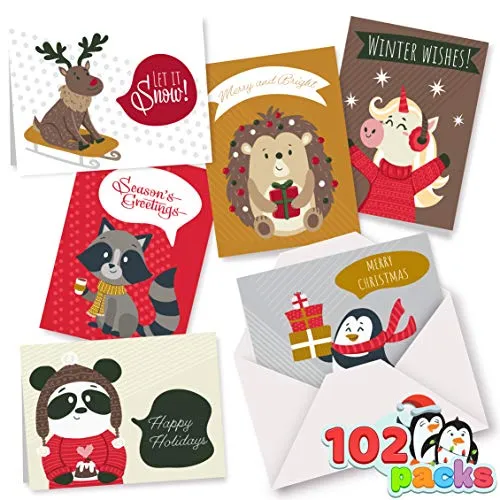 Collezione di 102 biglietti di auguri di Natale, 6 disegni unici di animali, con buste, per le festività natalizie invernali, da regalare per le festività, graziosi biglietti regalo natalizi