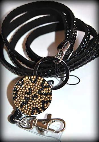 LanYard Queen marca personalizzate con cordino nero con strass 49 cm leopardo yo-yo bobina retrattile. Questo prodotto è il più lungo goccia nel Regno Unito