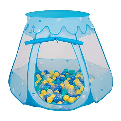 Selonis Tenda 105X90cm/300 Palline Castello Con Palline Colorate Per Bambini, Blu:Turchese/Blu/Giallo/Trasparente