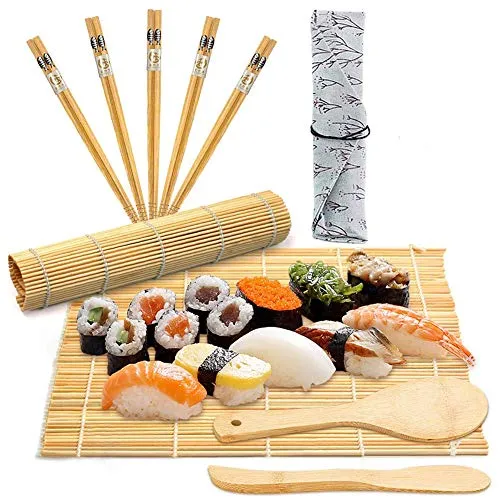 BESTZY 10PCS Sushi Set– Set per Sushi per Principianti (2 tappetini per sushi in bambù + 1 spargisale + 1 pagaia Paddy + 5 bastoncini + 1 Sacco)