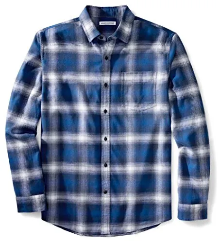 Amazon Essentials - Camicia da uomo, a maniche lunghe, vestibilità standard, a quadri, in flanella, Blu (Blue Ombre Plaid), US M (EU M)