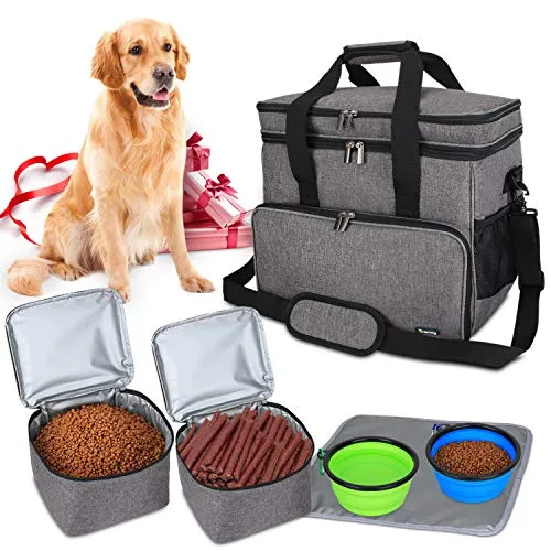 Teamoy Borsa da Viaggio per Dog Gear, Borsa da Viaggio per Cani con 2 Ciotole Pieghevoli in Silicone, 2 contenitori per Alimenti, 1 Tappetino per Le Ciotole (Grande, Grigio)