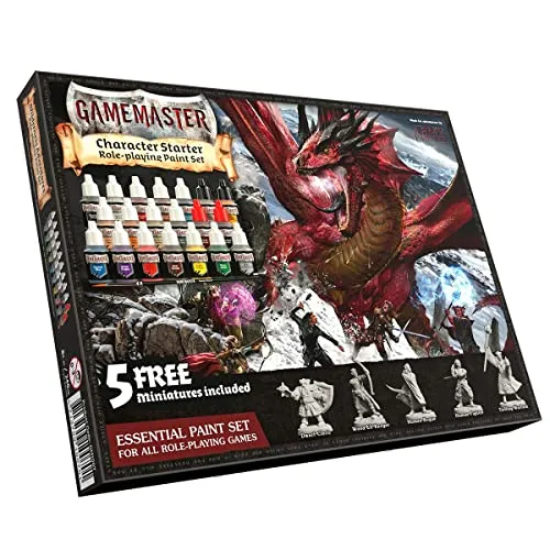 The Army Painter Gamemaster Character Starter Role Playing Paint Set, 20 flaconi contagocce da 12 ml di vernice acrilica con sfere di miscelazione, 5 figurine in miniatura e 1 pennello iniziale