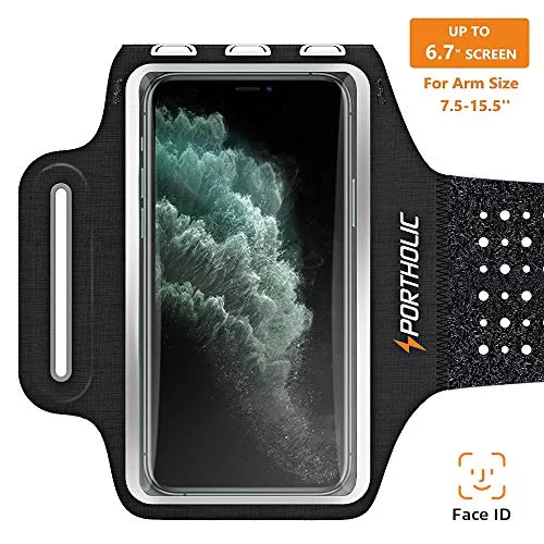 Fascia da Braccio Portacellulare per Correre, PORTHOLIC Traspirante Porta Cellulare Braccio per iPhone 11 Pro Max, Redmi 7 Redmi Note 7, Xiaomi 9, Slot per Carte, Banda Riflettente, Fino a 6,7" (Nero)