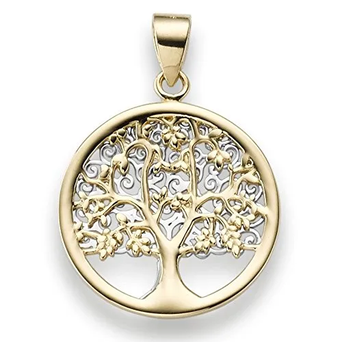 Collana con amuleto dell’albero della vita, ciondolo di giada, in oro 585 giallo e bianco. Misure 25 x 17,5 mm. Ciondolo d’oro