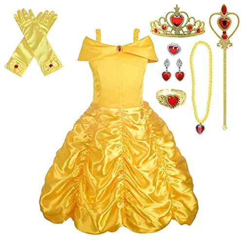 Lito Angels Vestito Principessa Belle Costume la Bella e la Bestia con Accessori per Bambina Taglia 7-8 Anni, Giallo, Stile 1
