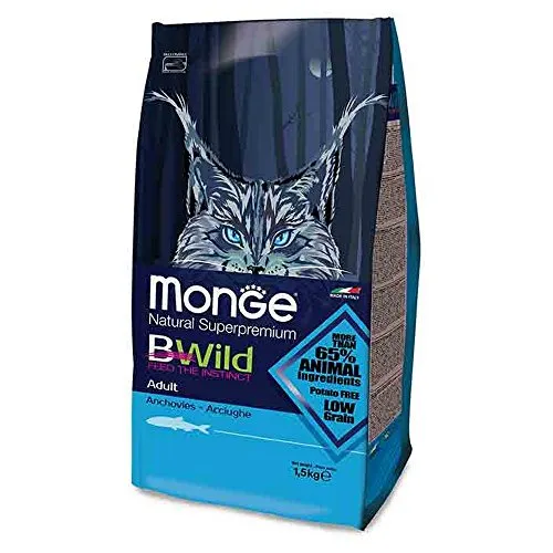 Monge BWild Cibo Secco per Gatti (Cibo Secco per Gatti Senza Cereali, Cibo Secco per Gatti con acciughe, Molto Ricco di Fibre e vitamine, Cibo Secco per Gatti di Alta qualità, 1,5 kg)