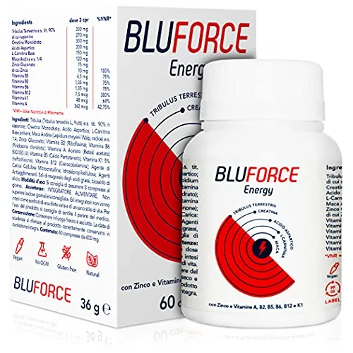 BluForce Energy | Integratore Energizzante Forte Uomo | Migliora Prestazioni Vigore e Resistenza Maschile | Effetto Immediato | Maca Tribulus Creatina Zinco Carnitina Acido Aspartico Vitamine