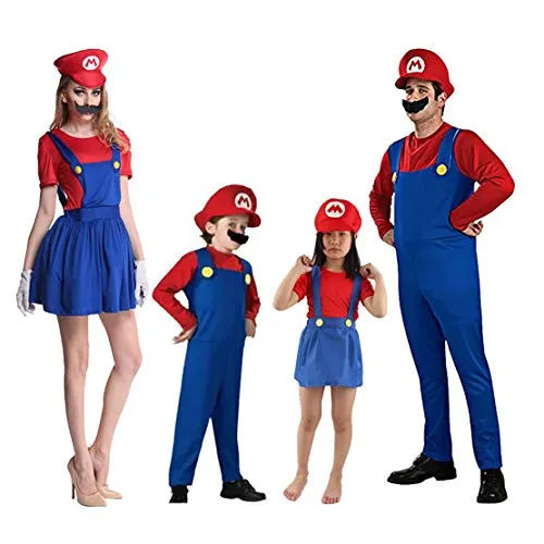 Hivia Costumi di Famiglia Set Costumi di Carnevale Super Mario Luigi per Bambini Adulti Festa di Carnevale di Halloween Cosplay Cappello + Vestiti + Barba 3 Pezzi