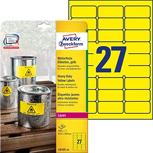 Avery-Zweckform Etichette in poliestere giallo 63.5 x 29.6 mm stampanti Laser, Laser a colori, 27 etichette per foglio, 20 fogli per confezione