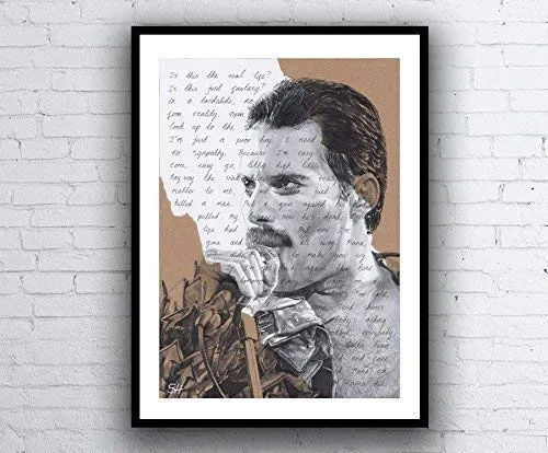 Freddie Mercury Portrait Drawing - signed Giclée art print with Bohemian Rhapsody Queen lyrics A5 A4 A3 size