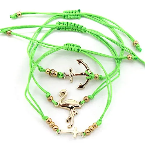Musthaves - Set di 3 bracciali da donna con fenicottero, ancora e croce, lunghezza regolabile e base metal, colore: verde, cod. B316-044