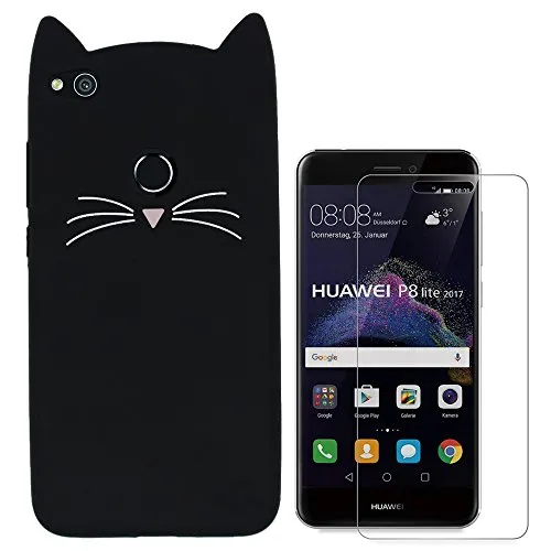 Hcheg Per Huawei P8 lite 2017, Custodia Silicone Morbido Flessibile TPU Custodia Case Cover Protettivo Skin Caso (cat-Nero) schermo del telefono pellicola protettiva