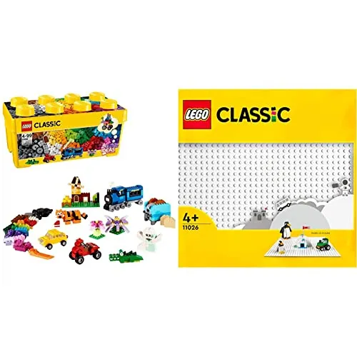 LEGO 10696 Classic Scatola Mattoncini Creativi Media, Contenitore Idee Creative Come Animali & 11026 Classic Base Bianca, Tavola per Costruzioni Quadrata con 32x32 Bottoncini