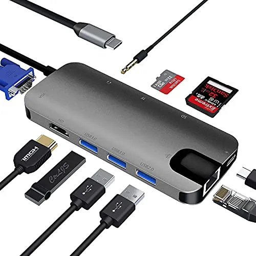 DOOK Hub USB C Adattatore 10-in-1 Tipo C a 4K HDMI&VGA, Lettore di Schede SD/TF, Porta di Carica e Porte USB 3.0 per MacBook PRO 2019/2018, Huawei P20/Mate 20 e Altri Dispositivi USB Type C