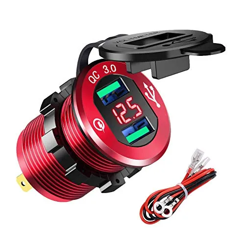 YGL Presa USB per Auto e Moto 12V/24V,2 Porte Caricabatterie USB QC3.0, Presa USB Impermeabile con Voltmetro LED Display Digitale per Moto, Auto, Camper, Camion, Barche e Molto Altro Ancora(Rosso)