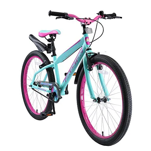 BIKESTAR Bicicletta Bambini da 9 Anni | Bici Bambino Bambina 24 Pollici Freno a Pattino e Freno a retropedale | 24“ VTT Edition Turchese e Berry