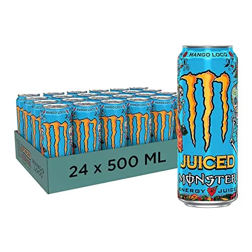 Monster Energy Mango Loco – 24 Lattine da 500 ml, Energy Juice con Taurina, L-carnitina, Inositolo e Vitamine del Gruppo B, Bevanda Energetica dal Gusto Esotico di Mango