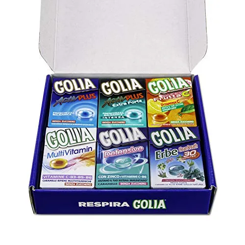 Golia Winter Box, Confezione Speciale da 12 Astucci Misti di Caramelle Golia Activ Plus, Activ Plus Extra Forte, Frutta C, Multivitamin, Defensive, Erbe Clean Breath, Senza Zucchero e Senza Glutine