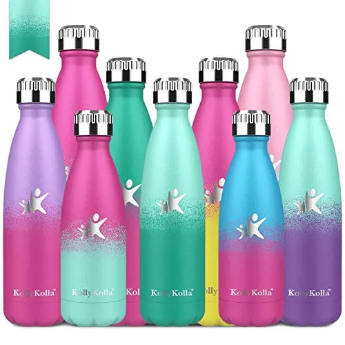 KollyKolla Bottiglia Acqua in Acciaio Inox, 350ml Senza BPA Borraccia Termica, Isolamento Sottovuoto a Doppia Parete, Borracce per Bambini, Scuola, Sport, Yoga, Palestra, Macaron Verde & Smeraldo