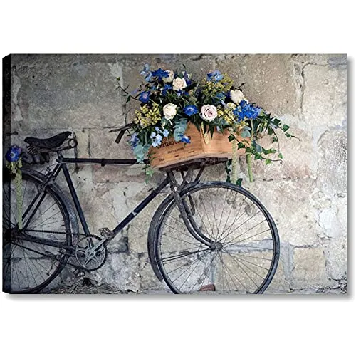 Quadri L&C ITALIA Bici Vintage Retro - Quadro Shabby Chic per Soggiorno Moderno Camera da Letto Cucina 70 x 50 Stampa su Tela Canvas da Parete con Bicicletta e Fiori