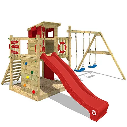 WICKEY Parco giochi in legno Smart Camp Giochi da giardino con altalena e scivolo rosso, Casetta arrampicata da gioco con sabbiera per bambini