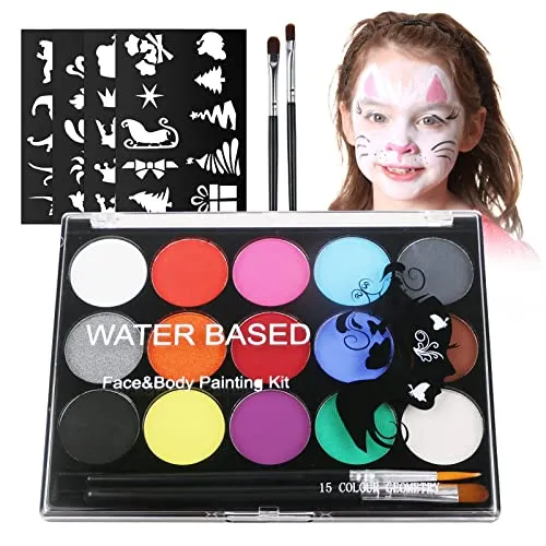 URAQT Body Painting, 15 Colori Face Painting, Pittura Corpo con 32 Stampini e 2 Pennelli, Coloranti Naturale e Sicuro, Feste, Trucco Make-up, Halloween