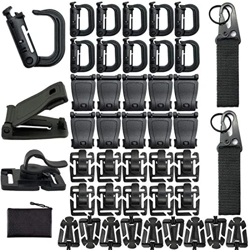 Eagool 42 Pz Tactical Gear Clip Molle Webbing Allegati per Tattico Zaino Vest Molle Chiave Anello D-Ring Bloccaggio Acqua Tubo Clip Web Dominator Fibbia con Elastico Stringa