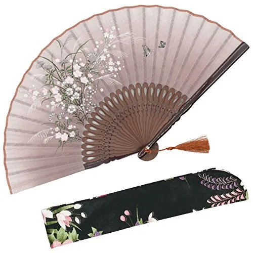 OMyTea - Ventaglio manuale pieghevole “Grassflower”, da donna, in stile rétro vintage cinese/giapponese, con custodia in tessuto per proteggerlo, Brown