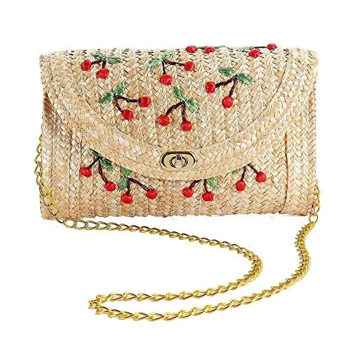 Pochette da Donna Borsa a tracolla da donna unica in paglia di frutta in Giappone Borsa a tracolla in rattan all'uncinetto fatta a mano con ricamo a ciliegia