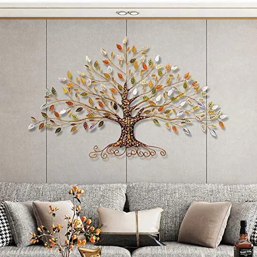 Decorazione da parete in metallo, albero della vita con foglie in oro / verde / cristallo Decorazione da parete Arte in metallo, per soggiorno interno camera da letto per esterni,30"W x 18"H（77x45cm）