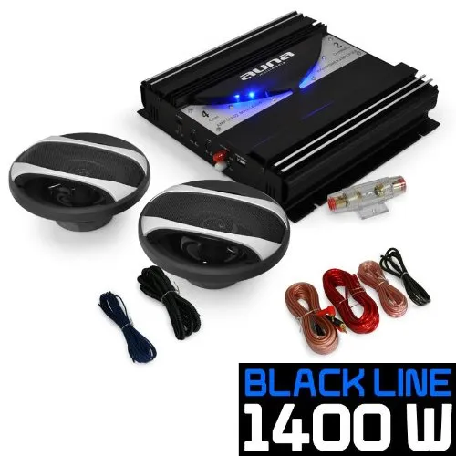 Auna Set "Black Line 200" Impianto audio auto car sistema completo Hi Fi (1400 Watt, amplificatore, 2 altoparlanti da 16,5 CM, cavi per collegamento)
