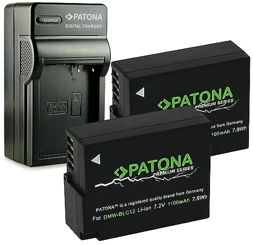 PATONA 4in1 Caricabatteria + 2x Premium Batteria DMW-BLC12 compatibile con Panasonic Lumix DMC-FZ200 DMC-G5 DMC-G6 DMC-GH2-100% decoded