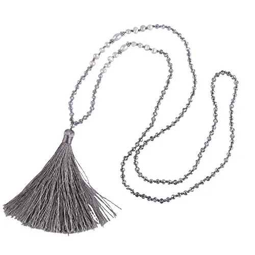 Kelitch, collana lunga con perle di vetro, perle d’acqua dolce e nappina, stile bohemien e placcato Argento, colore: Grigio carbone., cod. AMN0240G-0