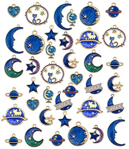 vamei 39 Pezzi Gioielli Che Fanno amuleti Pendenti Fai-da-Te Bracciale Orecchini Smalto Luna Stella placcati in Oro Misti Assortiti Charms Accessori per la creazione di Donne Ragazza Bambini