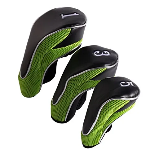 Andux Set di 3 copritesta in legno per driver da golf con A strappo (nero/verde)