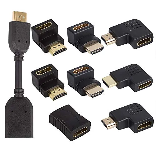 9 Pack HDMI Angled Adapter,YuCool 90 and 270 Degree Vertical Flat Left and Right 90 Degree Male to Female Converter HDMI Extender and Female to Female Adapter-Gold Plated