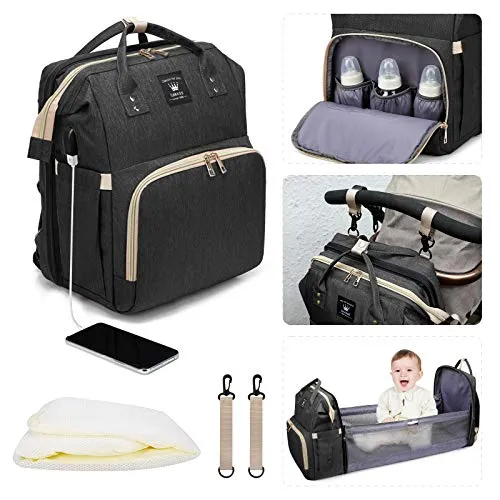 Leogreen - Zaino Fasciatoio Multifunzione con Lettino per Neonati, Borsa Fasciatoio Zaino da Viaggio Pieghevole, Fasciatoio Portatile Zaino per il Cambio Unisex per Mamme e Papà, Grande Capacità, Nero