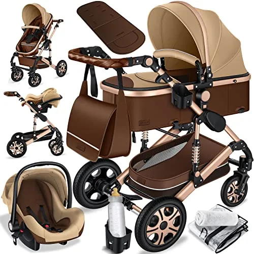 KESSER® Loops - Passeggino combinato 3in1, set completo con navicella e passeggino, seggiolino sportivo e seggiolino auto – pneumatici completamente in gomma borsa per pannolino/parapioggia/tavolino